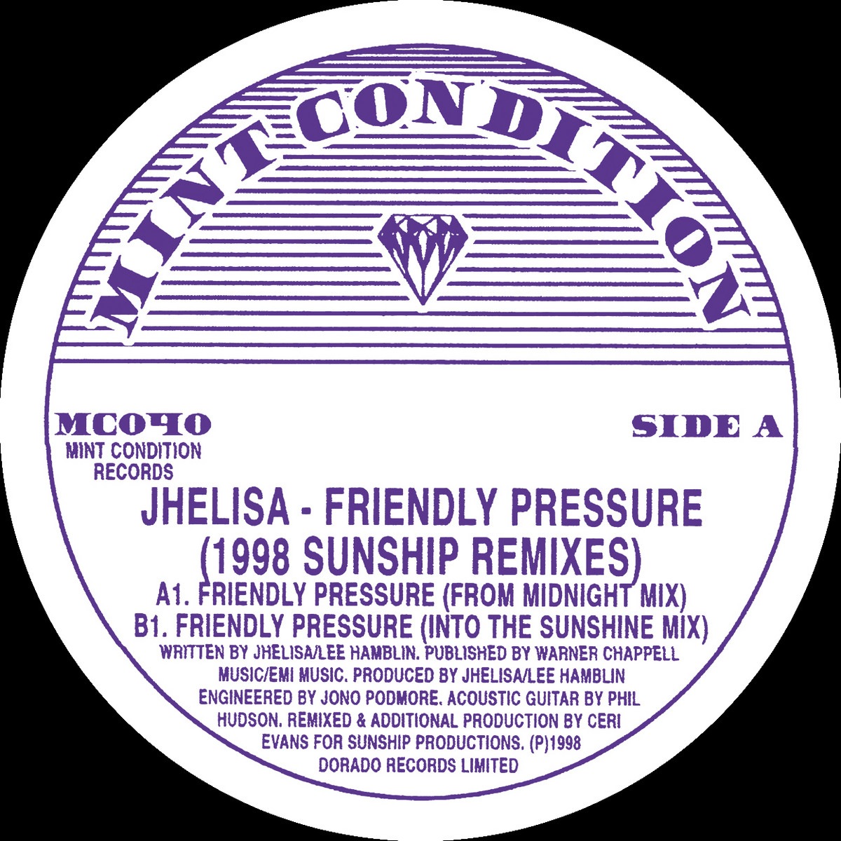 Jhelisa - Friendly Pressure (1998 Sunship Remixes) - MC040 - MINT CONDITION